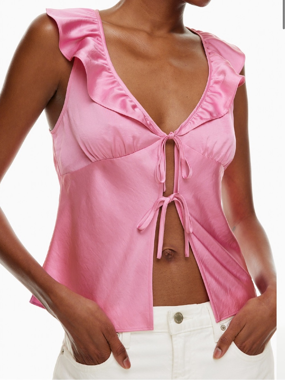 NWT Wilfred Tonka Satin Blouse | Bubble Pink | Ruffle Tie-Front Top XL